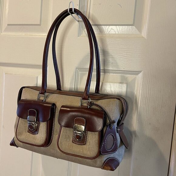 Dooney & Bourke leather brown and khaki canvas satchel/ shoulder bag - Picture 1 of 16